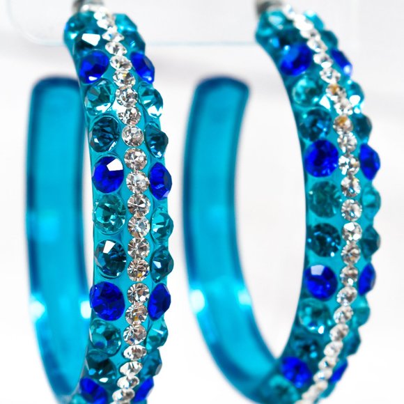 2.5" Clear Teal Lucite Blue Tones Rhinestone Hoops - Picture 6 of 10
